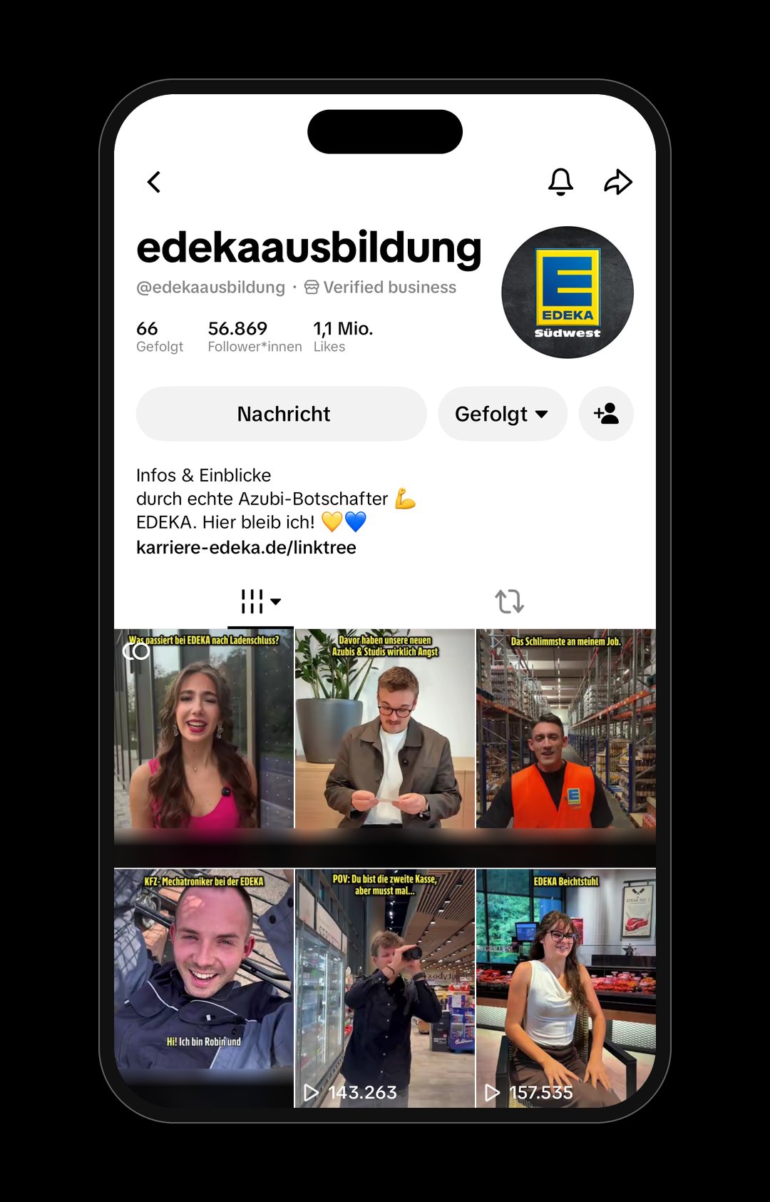 TikTok-Kanal @edekaausbildung mit 56.869 Followern und 1,1 Mio. Likes