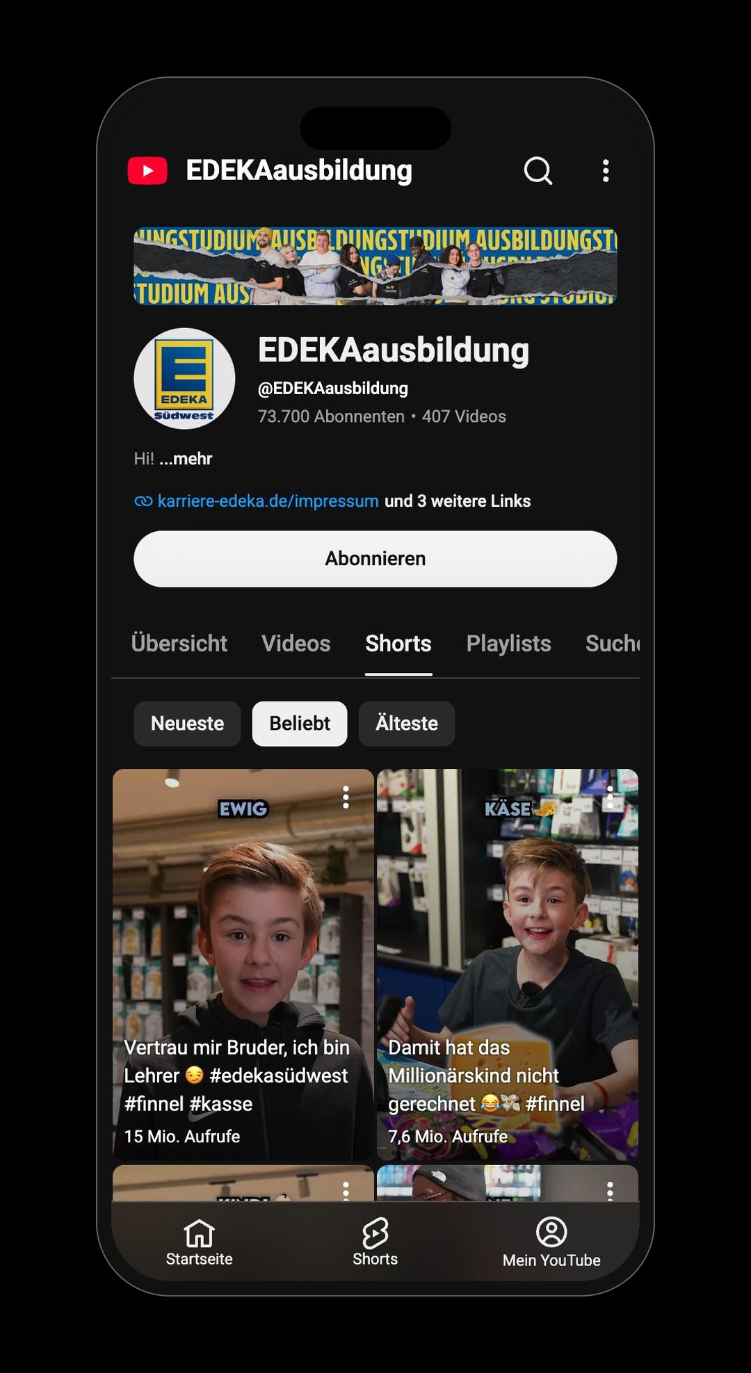 YouTube-Kanal @EDEKAausbildung mit 73.700 Abonnenten