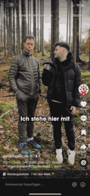 TikTok-Video von Gerolsteiner aus der Kampagne „7 für den Wald“ auf dem Smartphone