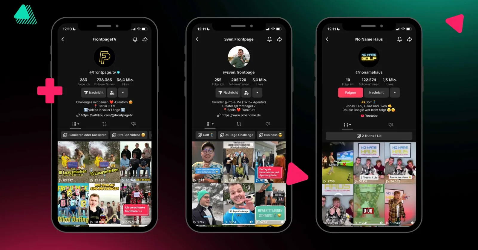 Social-Media-Formate entwickeln: drei TikTok-Profile mit Creator-Formaten von Pro & Me
